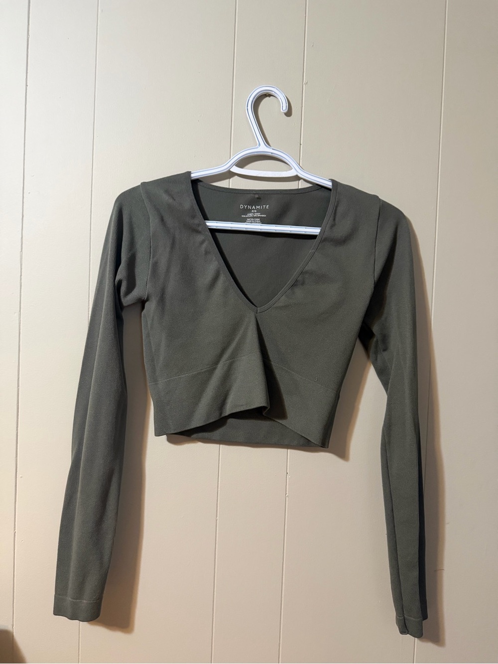 Dynamite Olive V-Neck Long Sleeve Cropped Top